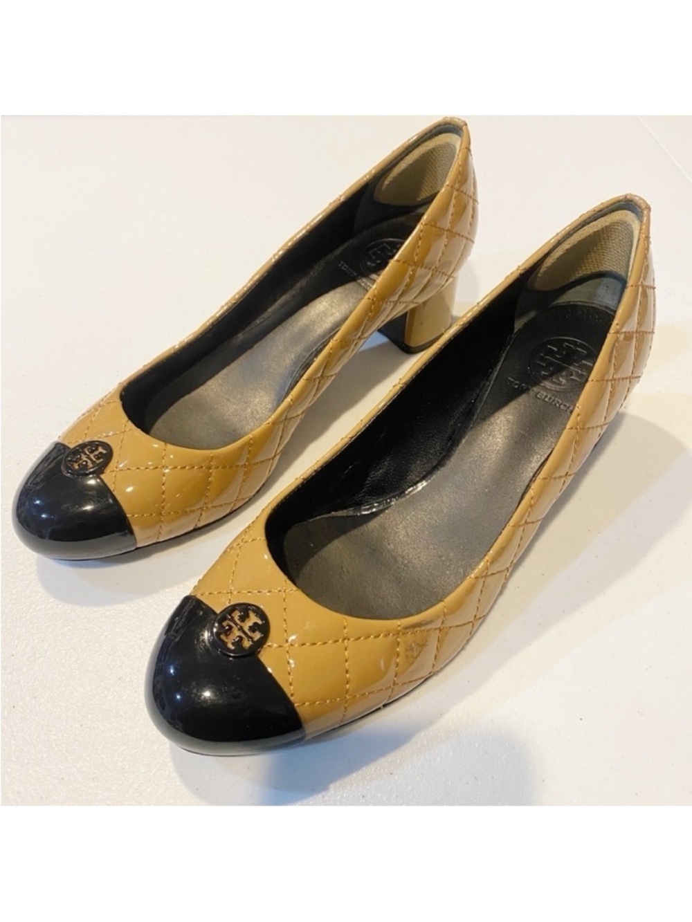 TORY BURCH Kaitlin Camel Quilted Patent Leather Pumps